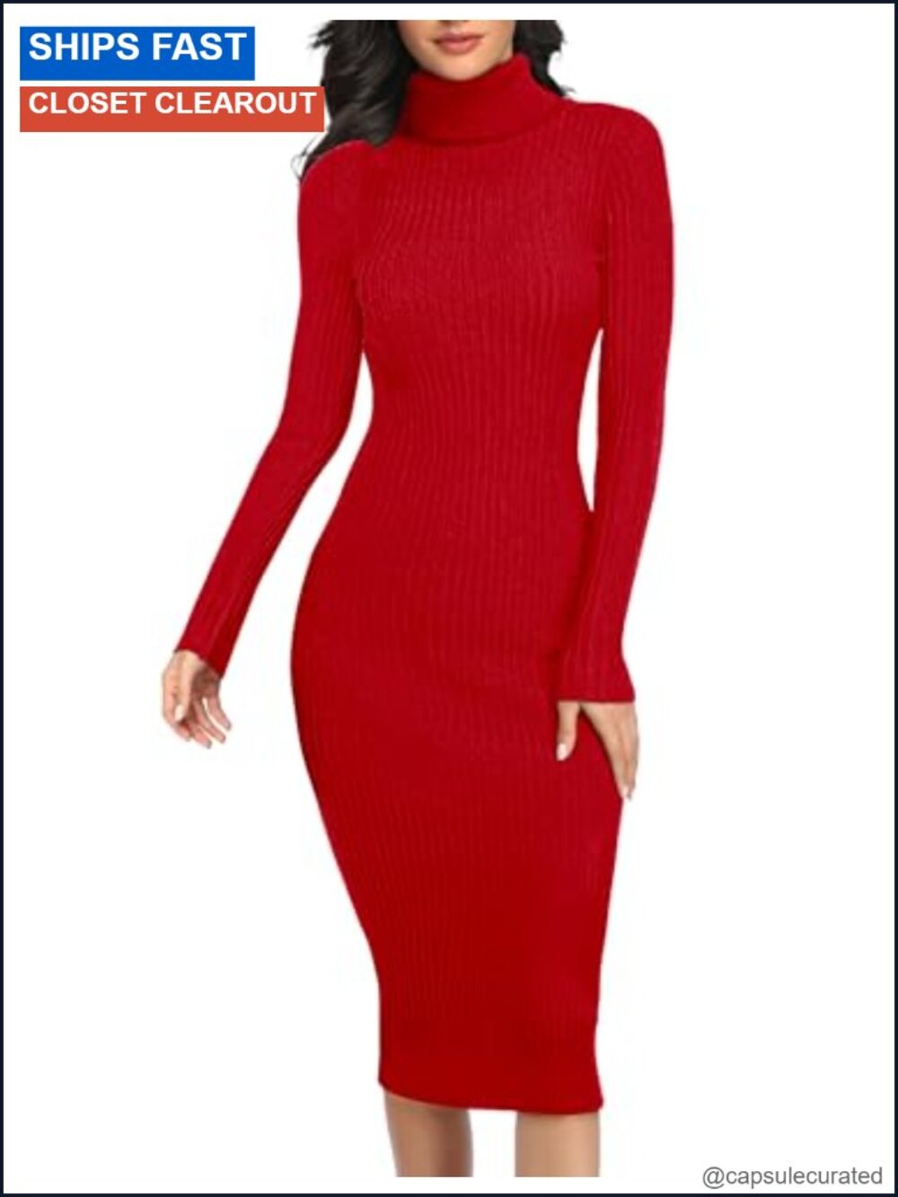 Knitted Long Sleeve Slim Fit Ribbed Turtleneck Midi Sweater Dress